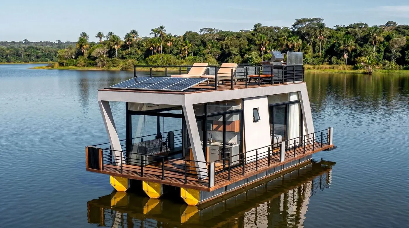 Casa flutuante moderna ancorada em lago amazônico