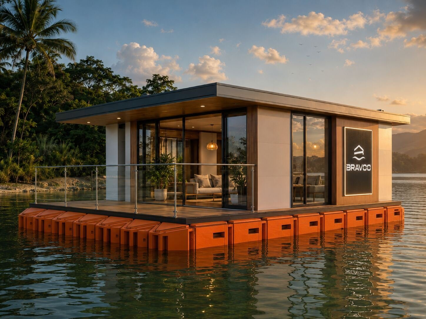 Casa flutuante construída sobre módulos flutuantes de polietileno BRAVOO