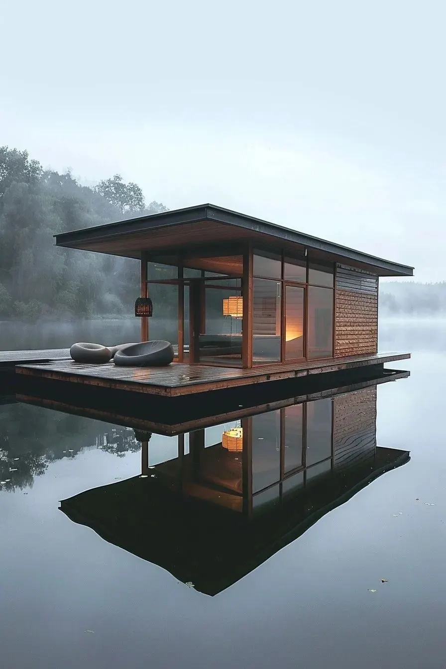 Casa flutuante com cobertura em margem de lago